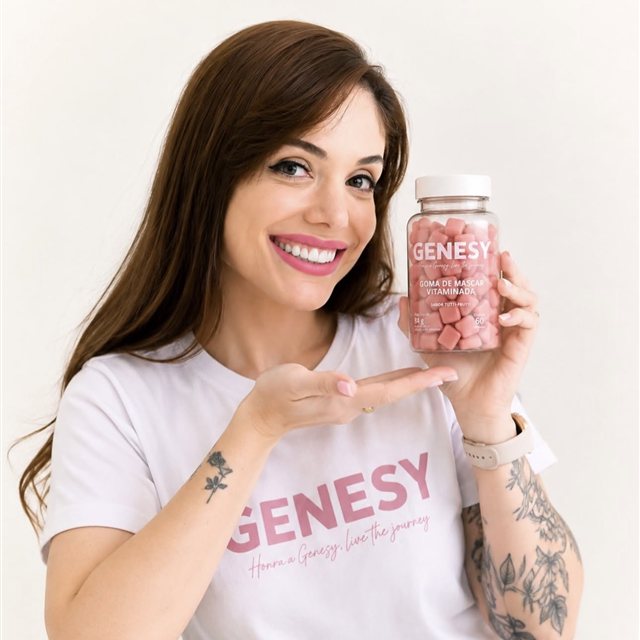 Bruna, da GENESY, segurando o pote da goma de mascar vitaminada