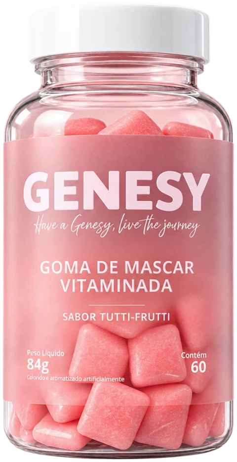 Pote de goma de mascar vitaminada GENESY, sabor tutti-frutti, com 60 unidades